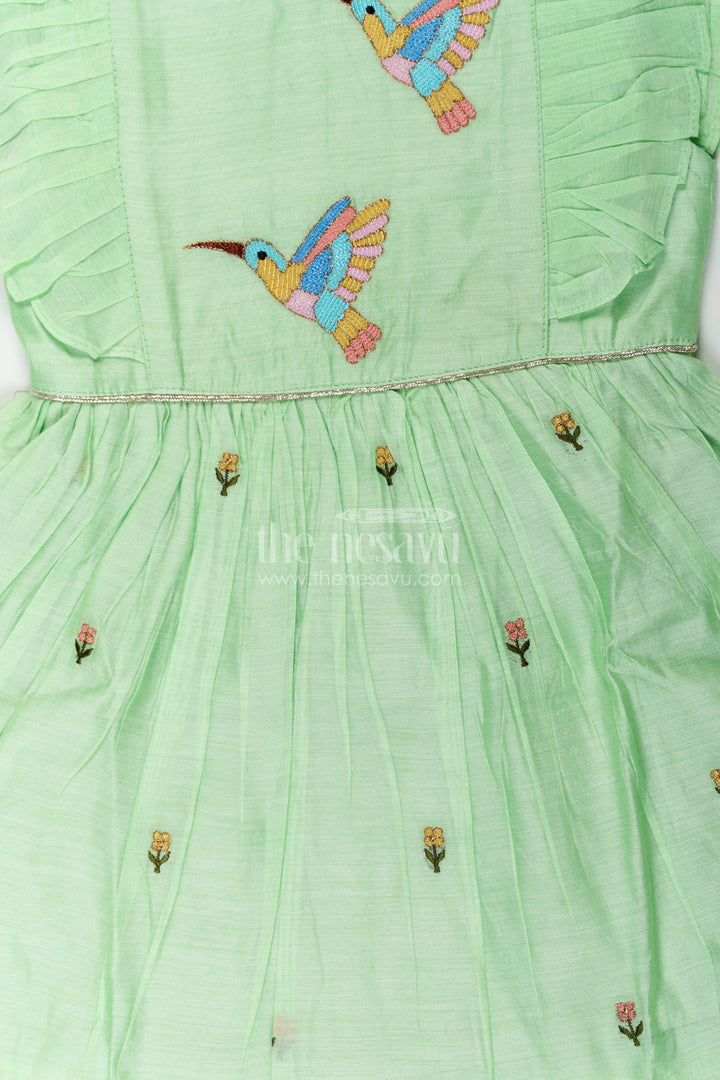 Girls frock night dress in Light Green Chanderi with Bird Embroidery and Layered Frill Sleeves