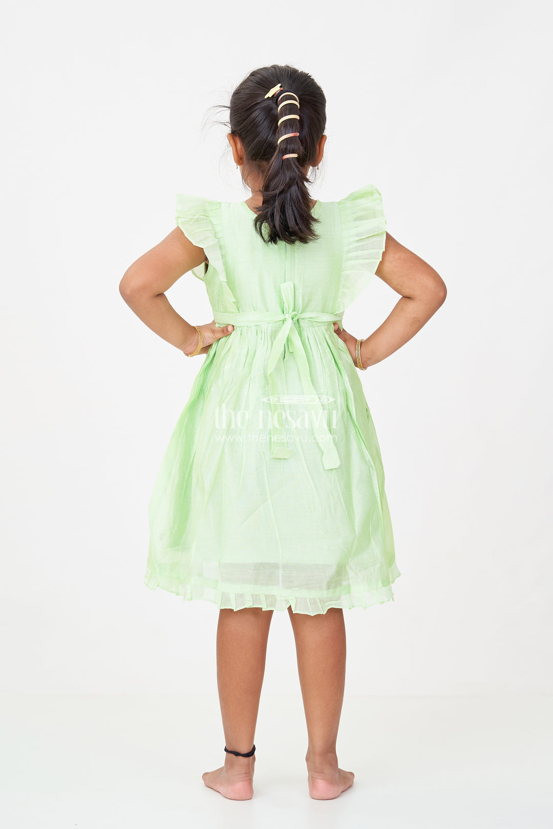 Girls frock night dress in Light Green Chanderi with Bird Embroidery and Layered Frill Sleeves