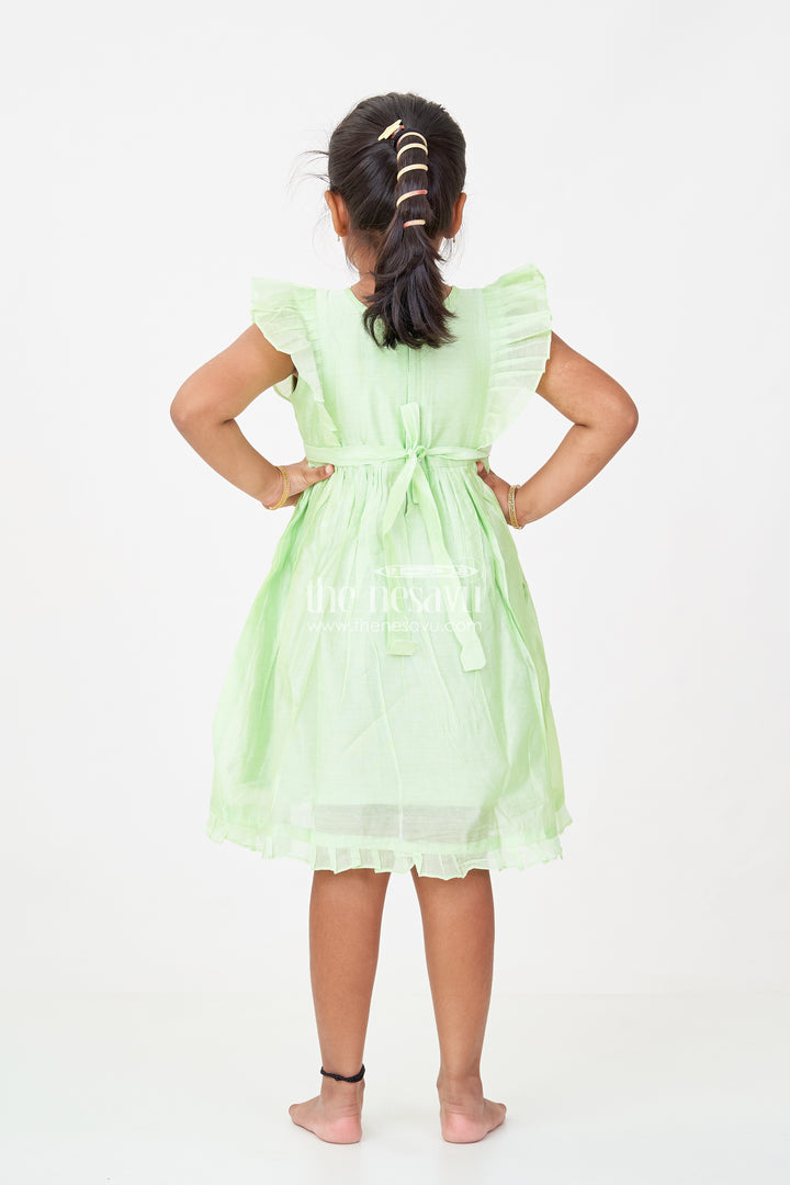 Girls frock night dress in Light Green Chanderi with Bird Embroidery and Layered Frill Sleeves