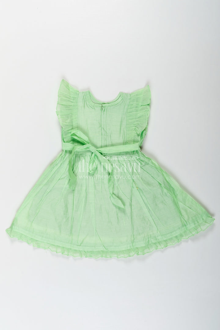 Girls frock night dress in Light Green Chanderi with Bird Embroidery and Layered Frill Sleeves