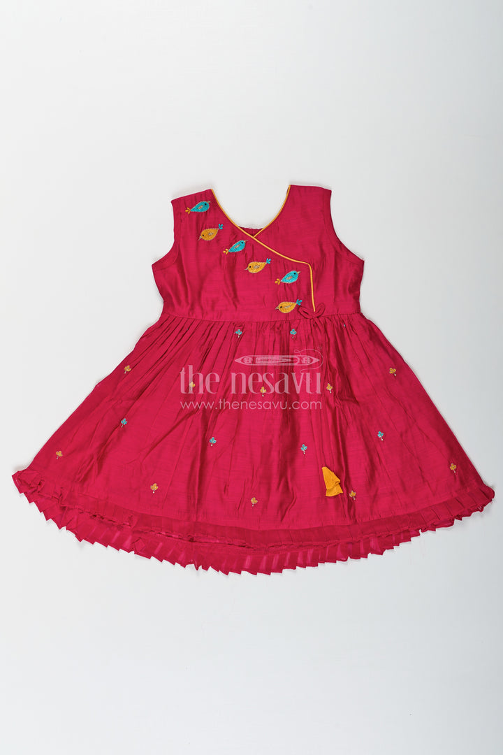 Girls Chanderi Red Long Frock with Embroidered Bird Motifs and Flared Skirt for Traditional Charm