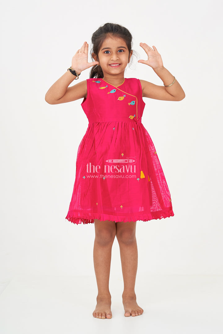 Girls Chanderi Red Long Frock with Embroidered Bird Motifs and Flared Skirt for Traditional Charm