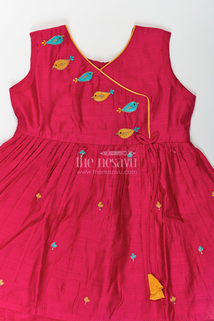 Girls Chanderi Red Long Frock with Embroidered Bird Motifs and Flared Skirt for Traditional Charm