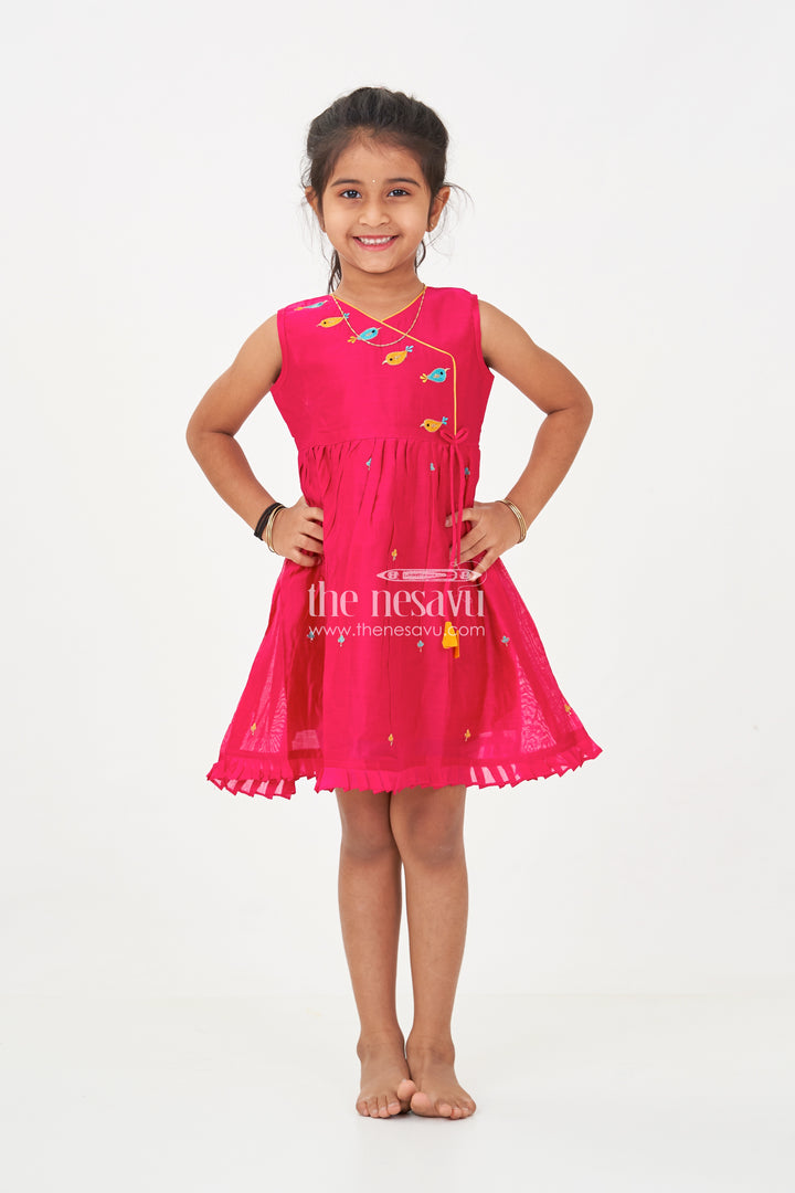 Girls Chanderi Red Long Frock with Embroidered Bird Motifs and Flared Skirt for Traditional Charm