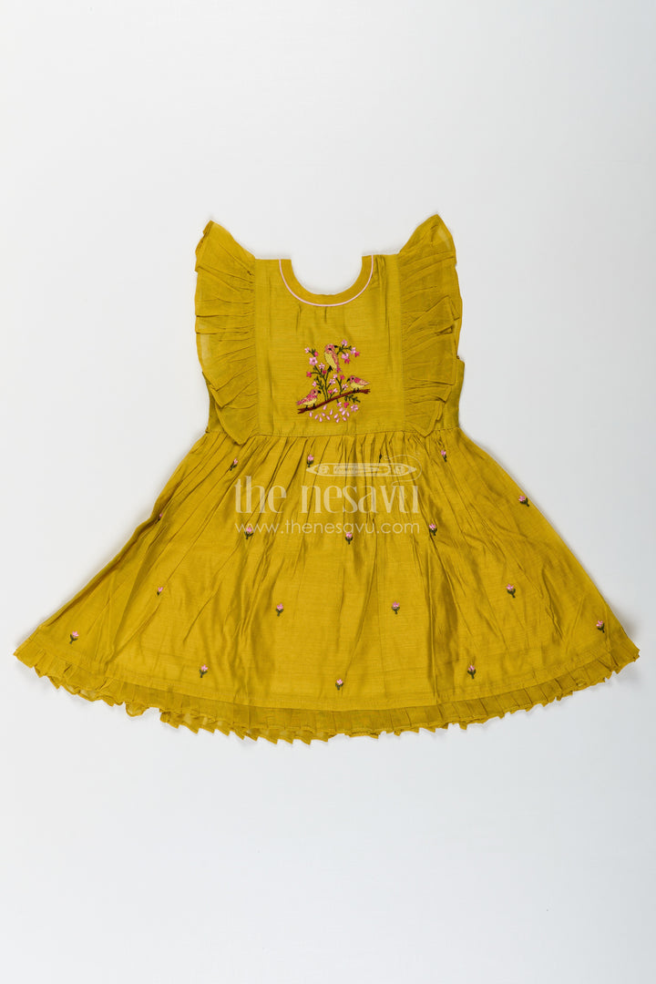 Girls Chanderi Daily Wear Frocks in Olive Green with Pleated Sleeves and Floral Embroidery Accents