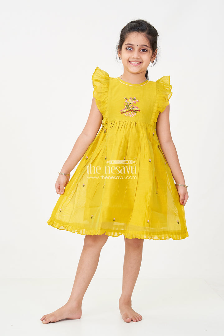 Girls Chanderi Daily Wear Frocks in Olive Green with Pleated Sleeves and Floral Embroidery Accents