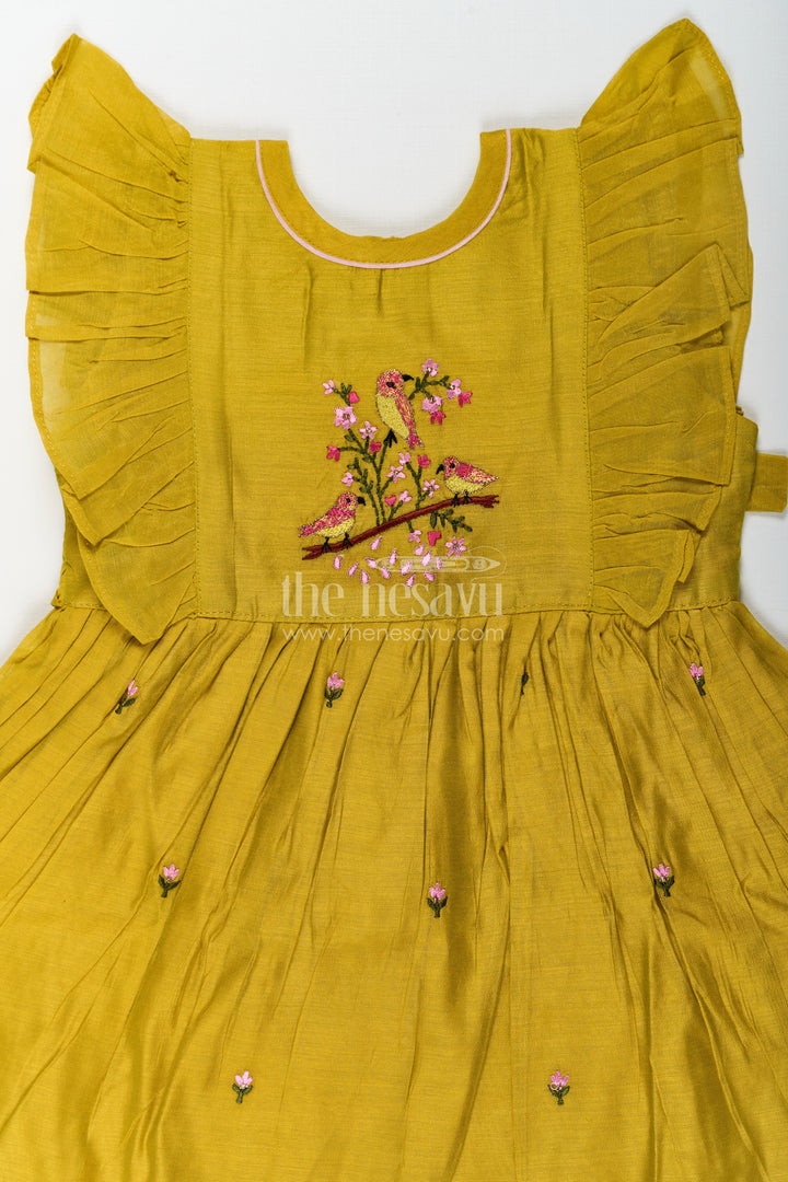 Girls Chanderi Daily Wear Frocks in Olive Green with Pleated Sleeves and Floral Embroidery Accents