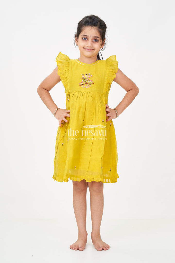 Girls Chanderi Daily Wear Frocks in Olive Green with Pleated Sleeves and Floral Embroidery Accents