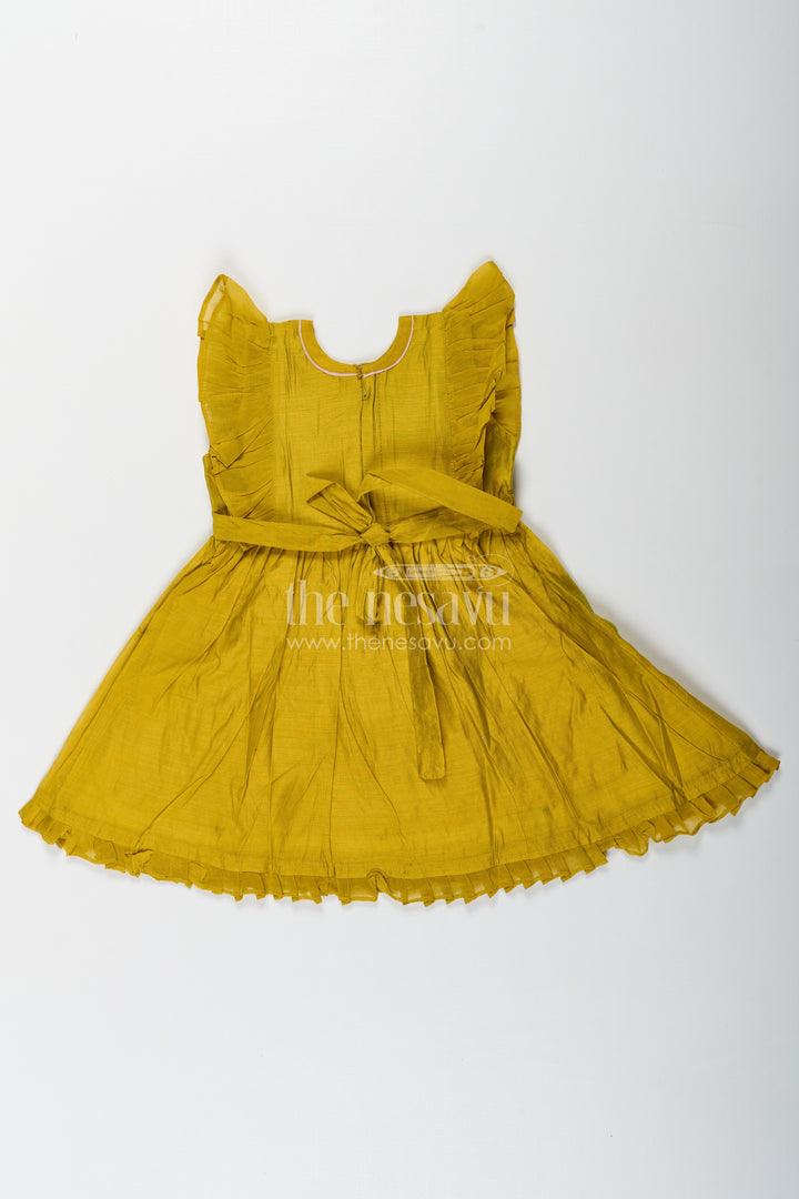 Girls Chanderi Daily Wear Frocks in Olive Green with Pleated Sleeves and Floral Embroidery Accents