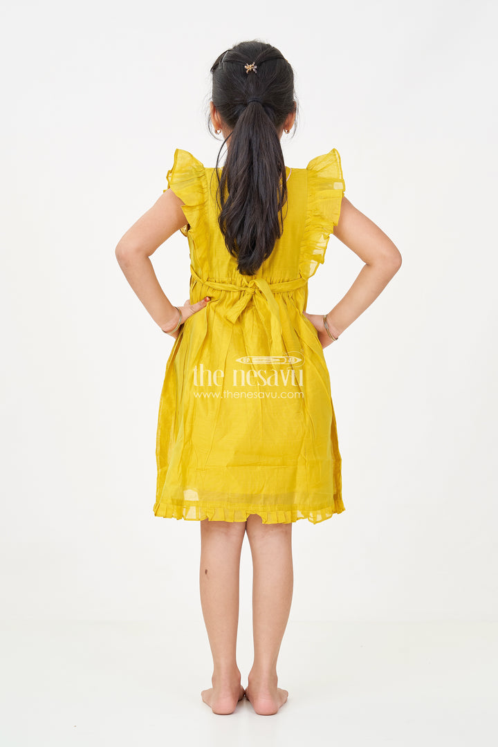 Girls Chanderi Daily Wear Frocks in Olive Green with Pleated Sleeves and Floral Embroidery Accents