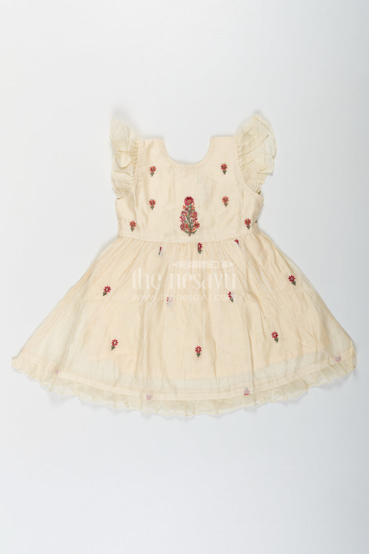 Designer Frocks for Girls in Light Yellow Chanderi with Delicate Red Floral Embroidery and Ruffled Sleeves
