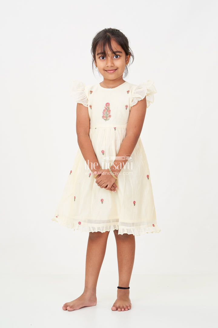 Designer Frocks for Girls in Light Yellow Chanderi with Delicate Red Floral Embroidery and Ruffled Sleeves