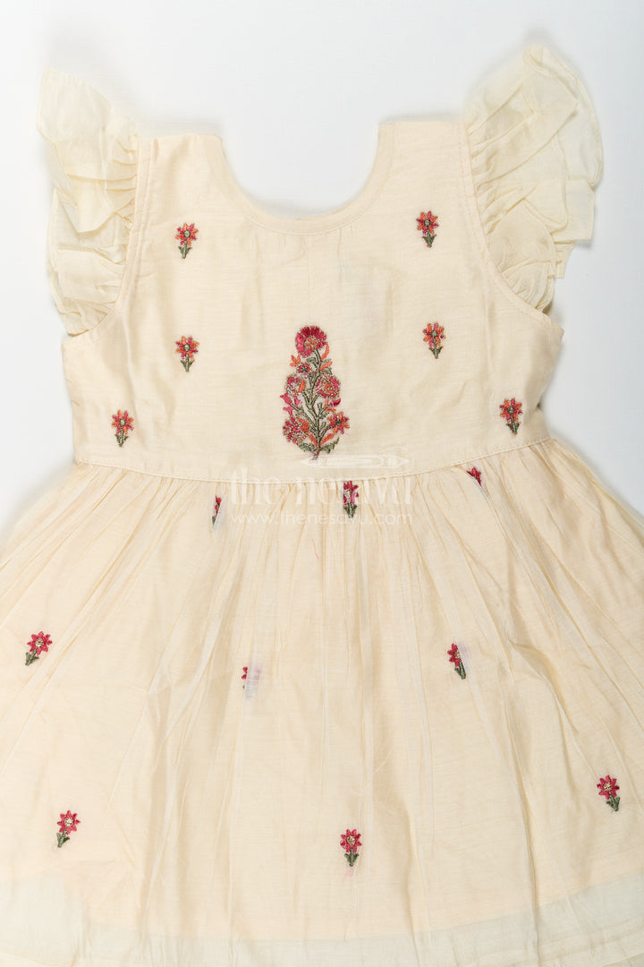 Designer Frocks for Girls in Light Yellow Chanderi with Delicate Red Floral Embroidery and Ruffled Sleeves
