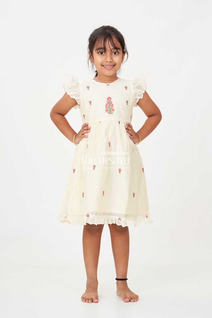 Designer Frocks for Girls in Light Yellow Chanderi with Delicate Red Floral Embroidery and Ruffled Sleeves