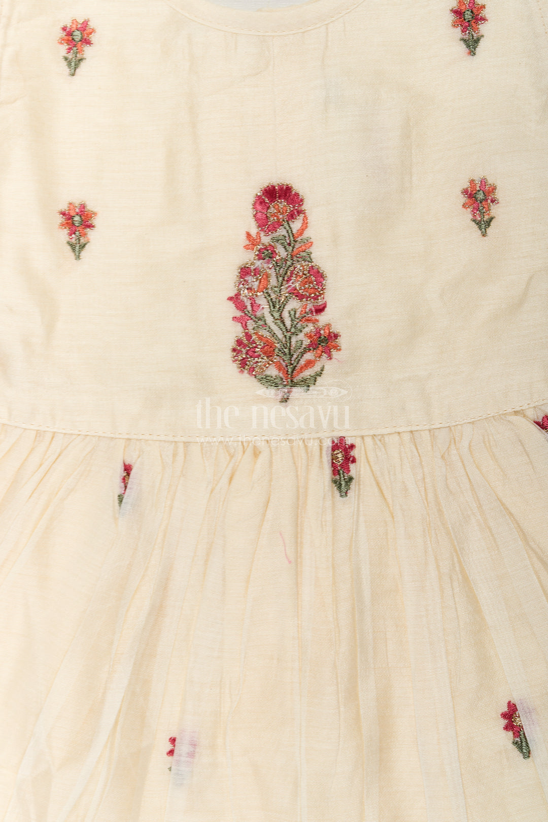 Designer Frocks for Girls in Light Yellow Chanderi with Delicate Red Floral Embroidery and Ruffled Sleeves