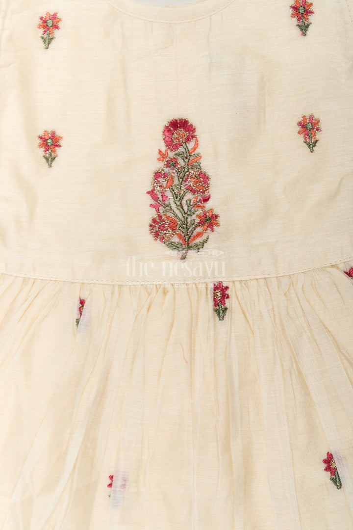 Designer Frocks for Girls in Light Yellow Chanderi with Delicate Red Floral Embroidery and Ruffled Sleeves