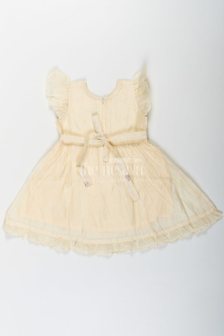 Designer Frocks for Girls in Light Yellow Chanderi with Delicate Red Floral Embroidery and Ruffled Sleeves