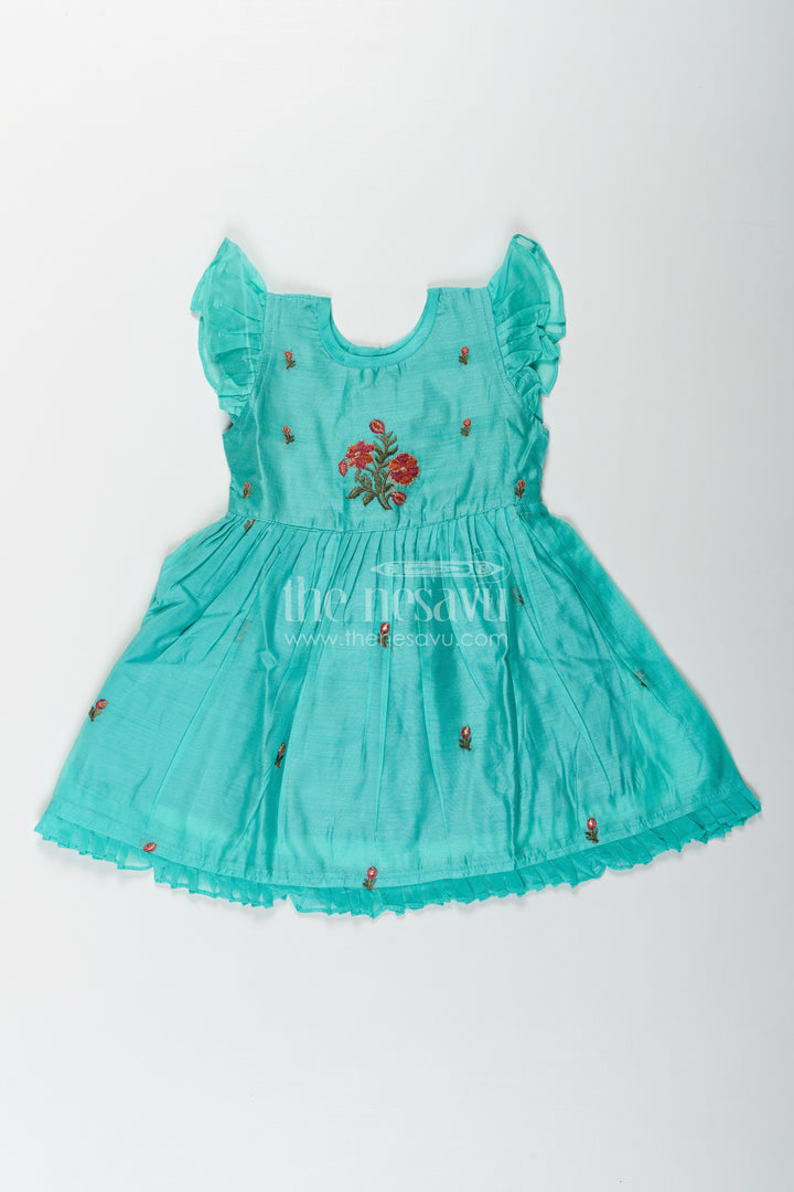 Girls Blue Colour Frock Suit in Chanderi with Bold Floral Embroidery and Elegant Flutter Sleeves