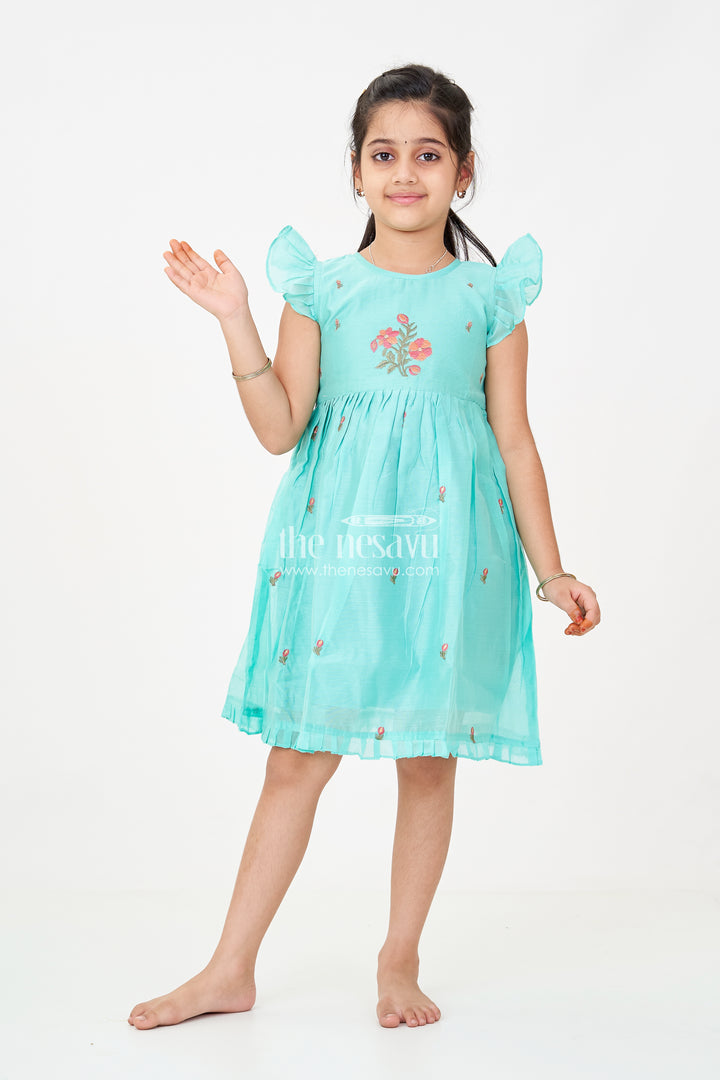 Girls Blue Colour Frock Suit in Chanderi with Bold Floral Embroidery and Elegant Flutter Sleeves