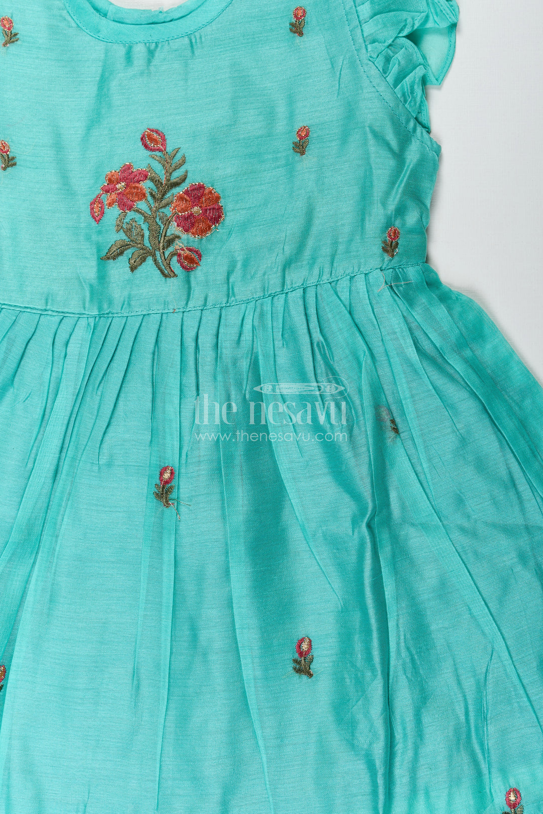 Girls Blue Colour Frock Suit in Chanderi with Bold Floral Embroidery and Elegant Flutter Sleeves
