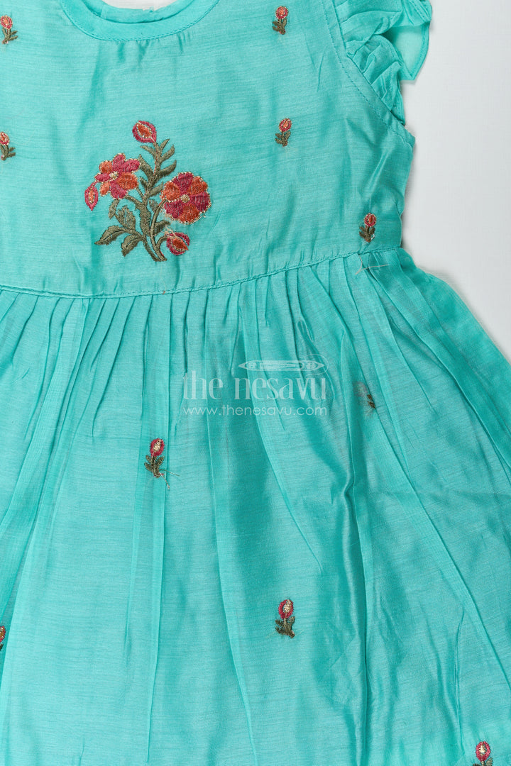 Girls Blue Colour Frock Suit in Chanderi with Bold Floral Embroidery and Elegant Flutter Sleeves