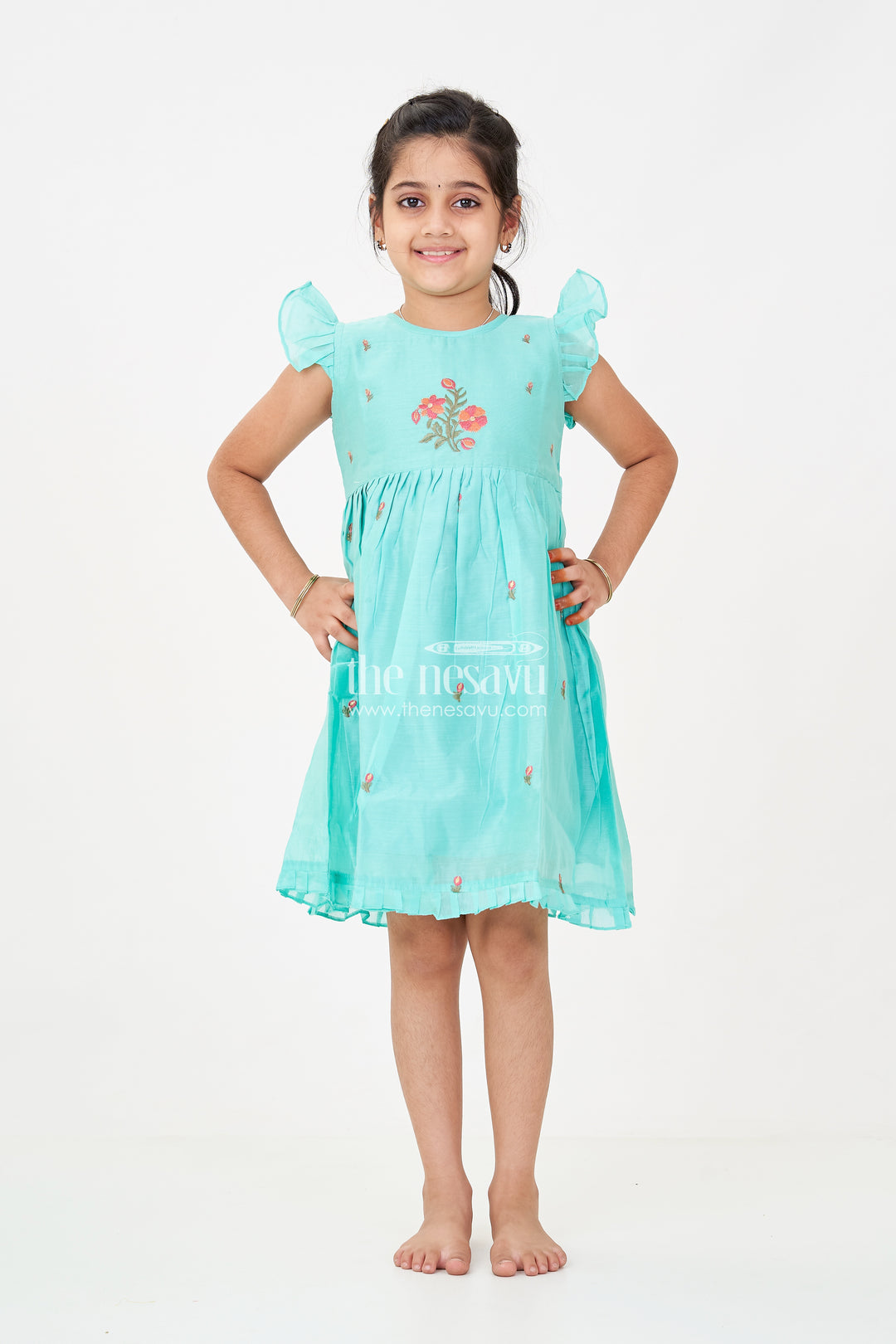 Girls Blue Colour Frock Suit in Chanderi with Bold Floral Embroidery and Elegant Flutter Sleeves