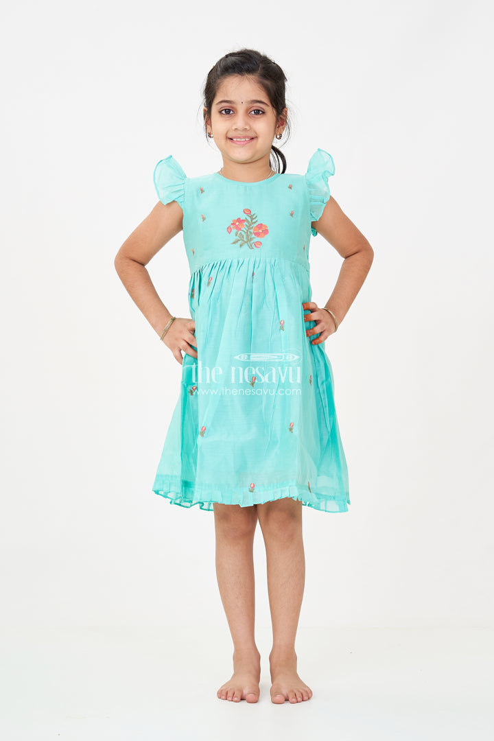 Girls Blue Colour Frock Suit in Chanderi with Bold Floral Embroidery and Elegant Flutter Sleeves