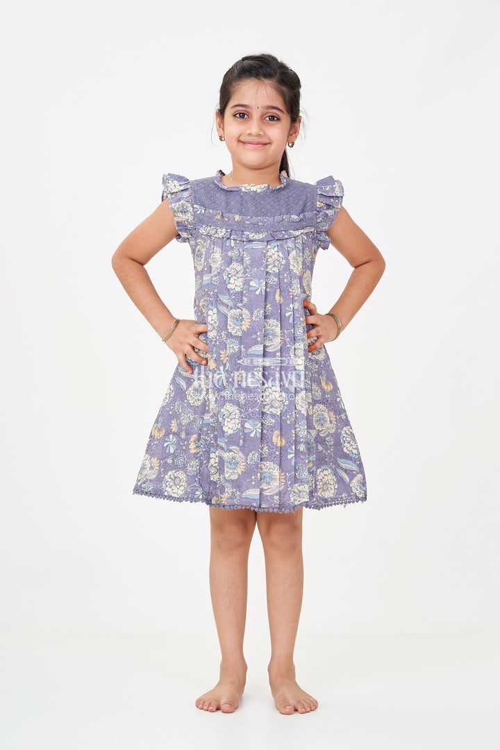 New Designer Frock for Girls in Navy Blue Floral Printed Cotton with Pleats and Ruffles