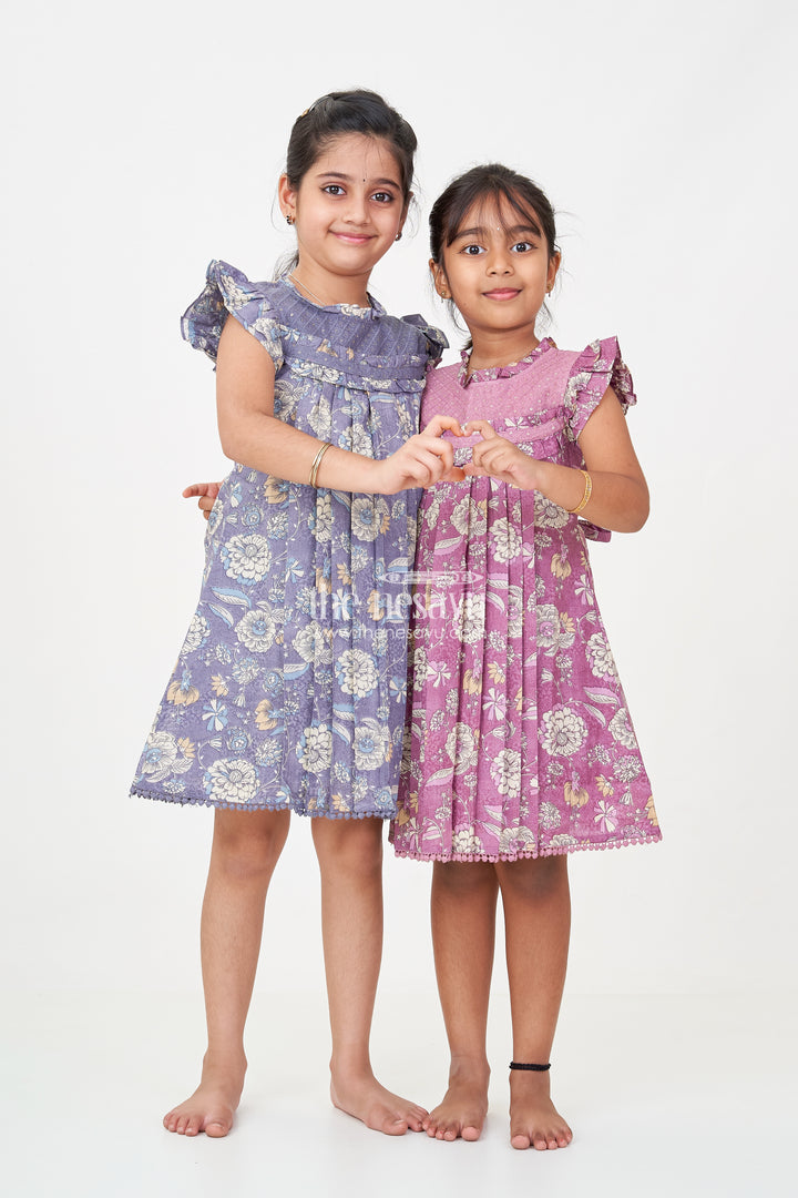 New Designer Frock for Girls in Navy Blue Floral Printed Cotton with Pleats and Ruffles