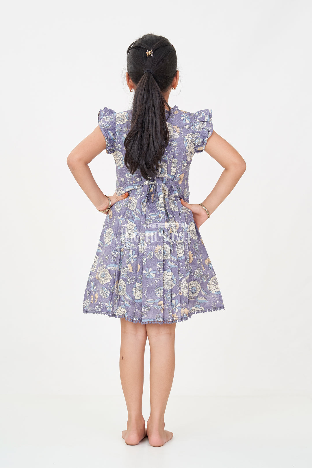 New Designer Frock for Girls in Navy Blue Floral Printed Cotton with Pleats and Ruffles