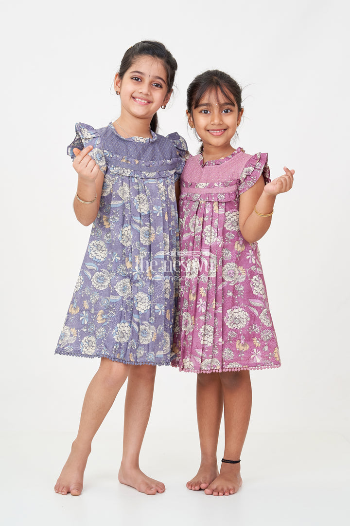 Princess Short Frock in Mauve Floral Cotton with Ruffled Sleeves and Pleated Detailing