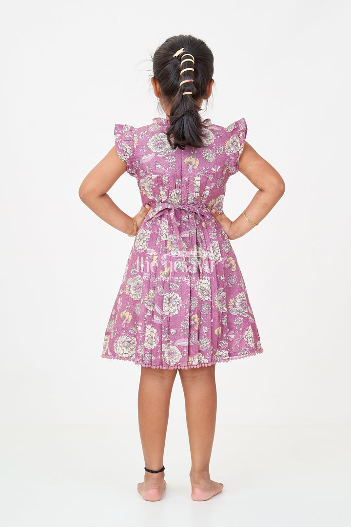 Princess Short Frock in Mauve Floral Cotton with Ruffled Sleeves and Pleated Detailing