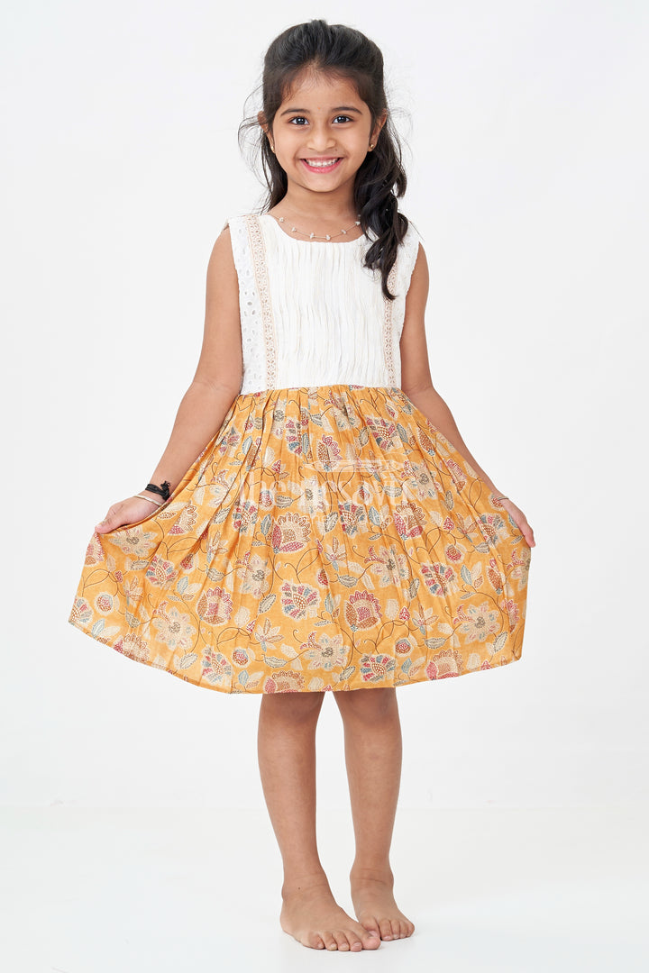 Girls Modal Silk Frock with Eyelet Yoke and Floral Skirt in printed frock design Style