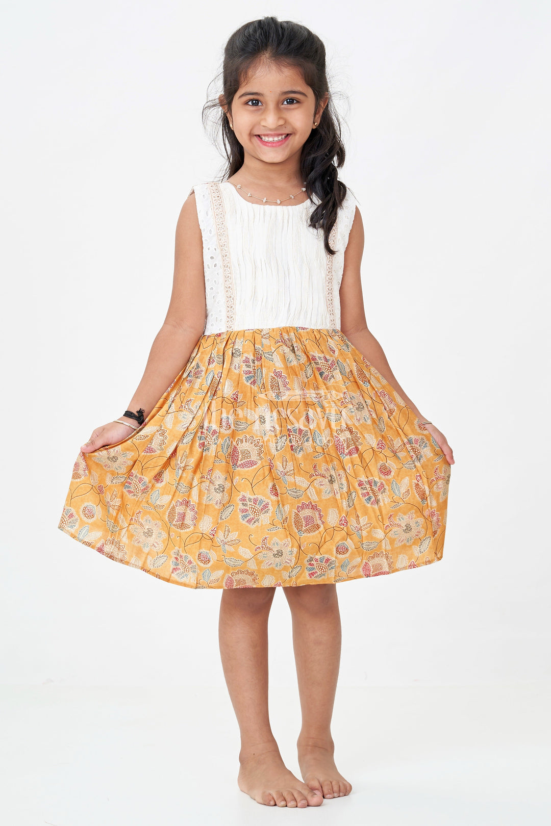 Girls Modal Silk Frock with Eyelet Yoke and Floral Skirt in printed frock design Style