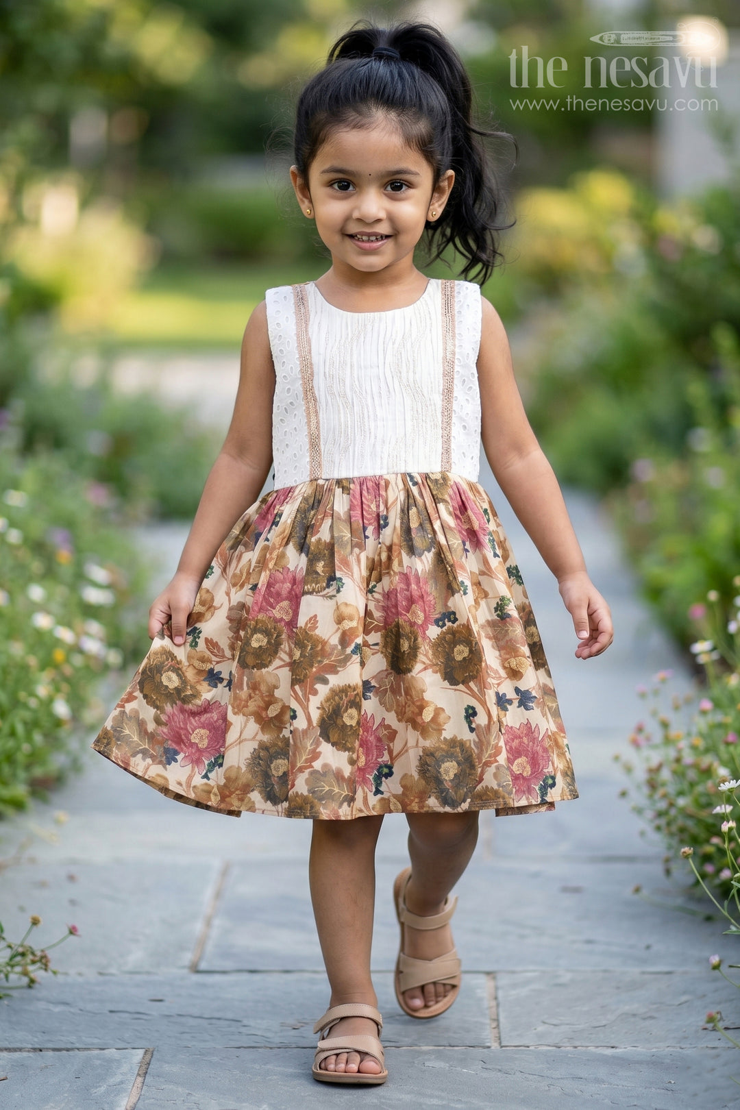 Girls Muslin Silk Fancy Frock with Gathered Floral Skirt and Pintuck Yoke in Fancy Frock Ka Design Style