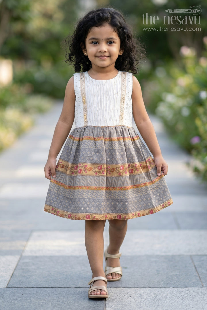 Girls Muslin Silk Fancy Frock with Stripe Floral Borders and Eyelet Yoke in New Fancy Frock Style