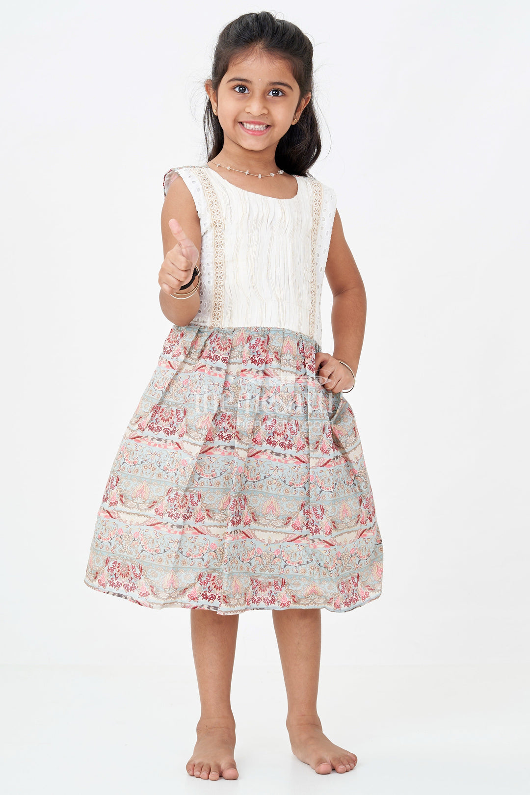 Girls Muslin Silk Printed Frock with Eyelet Pintuck Yoke and Baroque Borders in blue frock design