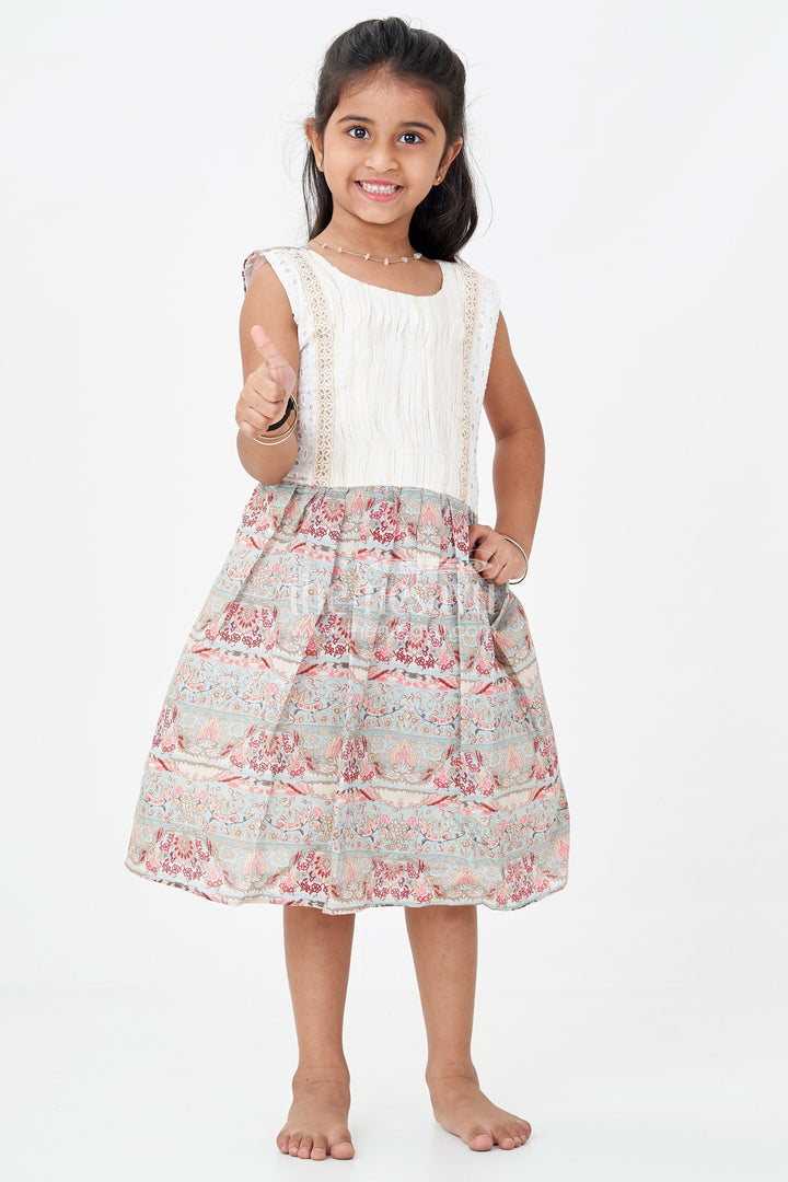 Girls Muslin Silk Printed Frock with Eyelet Pintuck Yoke and Baroque Borders in blue frock design
