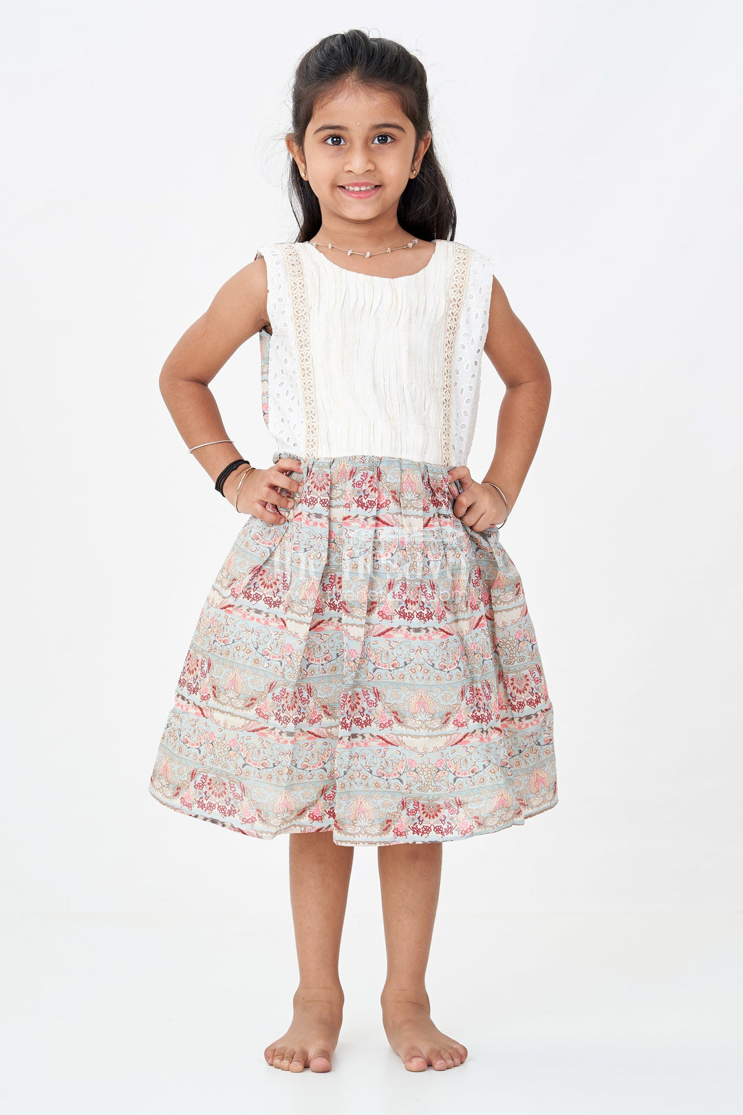 Girls Muslin Silk Printed Frock with Eyelet Pintuck Yoke and Baroque Borders in blue frock design
