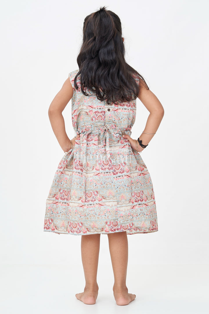 Girls Muslin Silk Printed Frock with Eyelet Pintuck Yoke and Baroque Borders in blue frock design