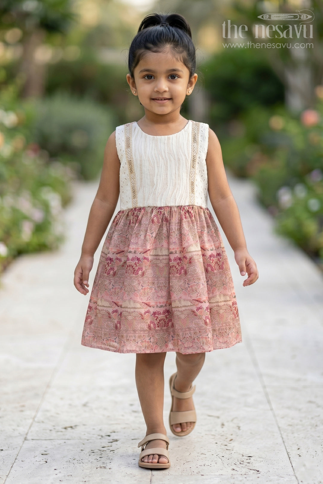 Girls Muslin Silk Printed Frock with Embroidered Pintuck Yoke in Pink Frock Design Style