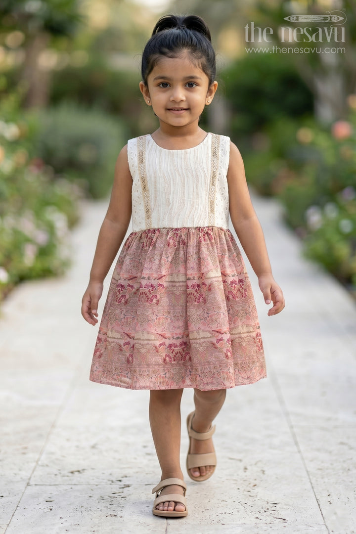 Girls Muslin Silk Printed Frock with Embroidered Pintuck Yoke in Pink Frock Design Style