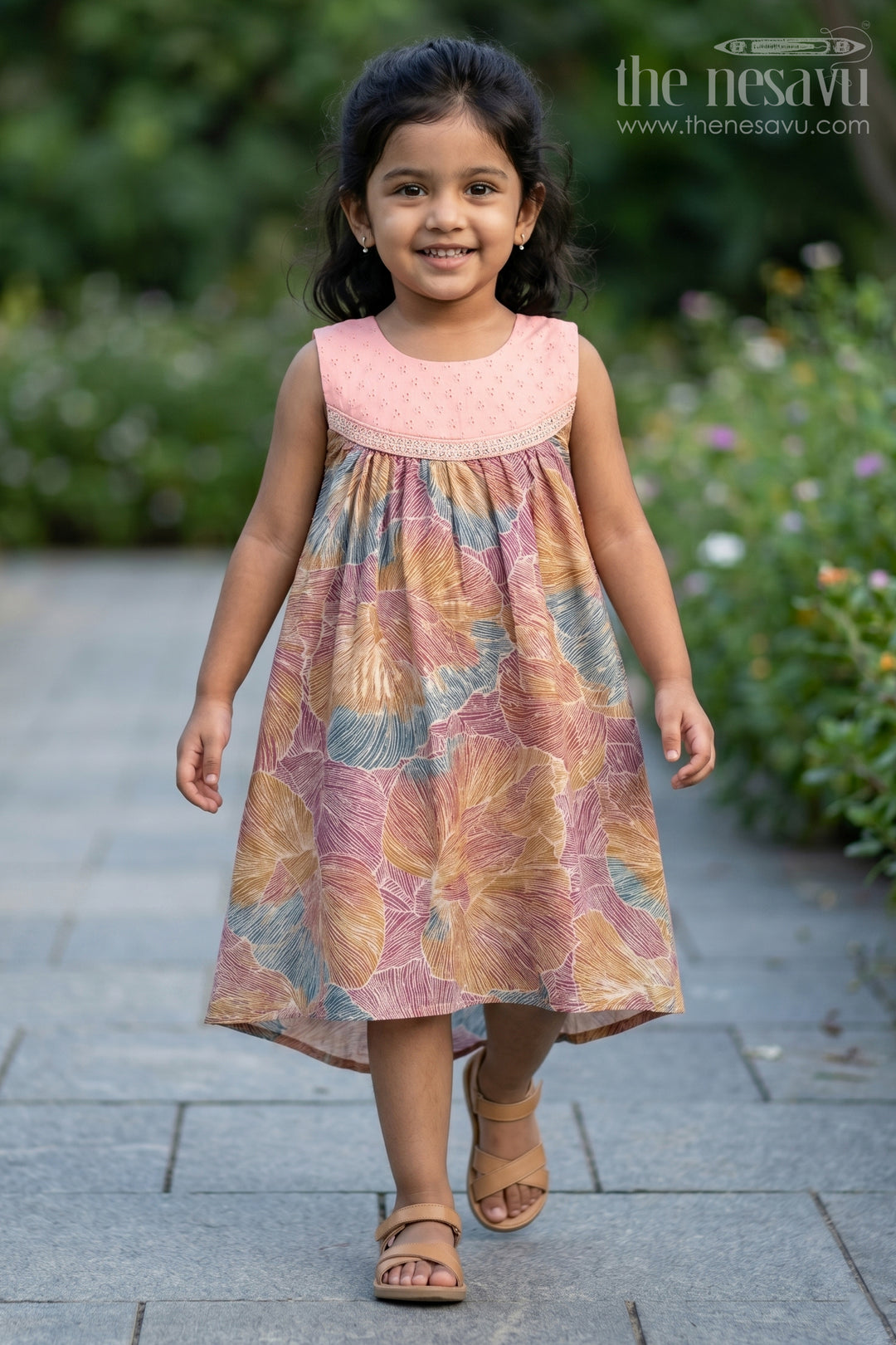 Girls Printed Chanderi Frock with Multicolour Leaves and Embroidered Yoke in Design Frock Design Style