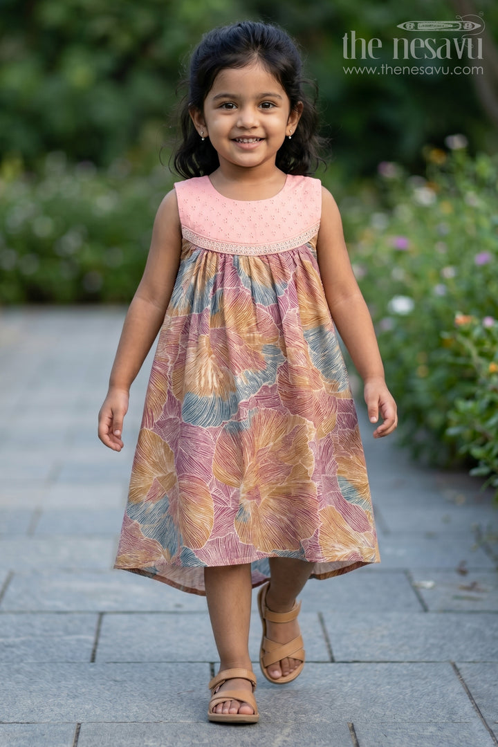 Girls Printed Chanderi Frock with Multicolour Leaves and Embroidered Yoke in Design Frock Design Style