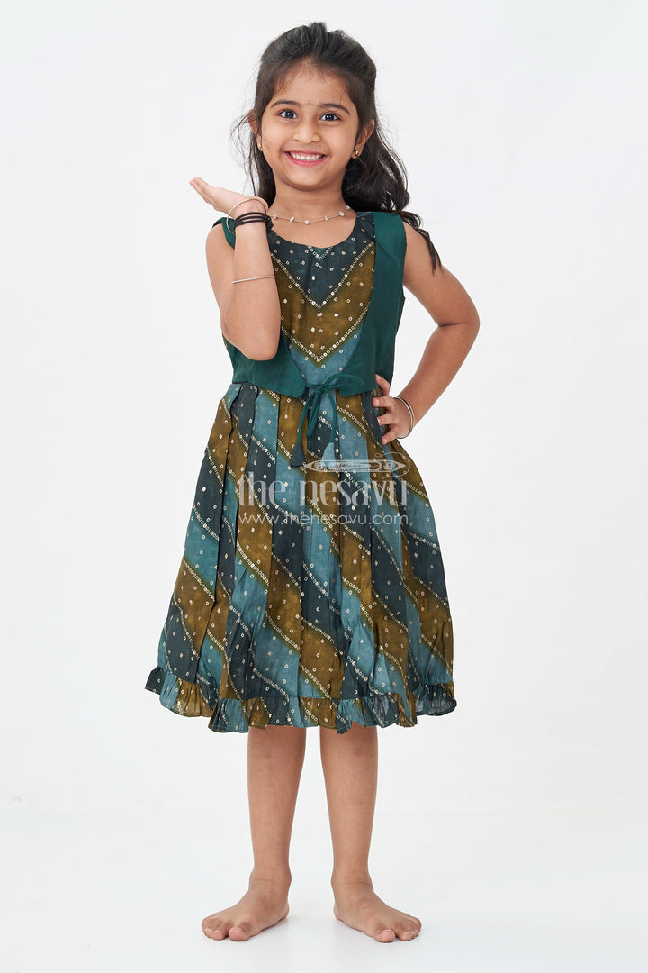 Girls Printed Viscose Frock in Deep Green with Mirror Print and Waist Tie for Aesthetic Long Frock Appeal