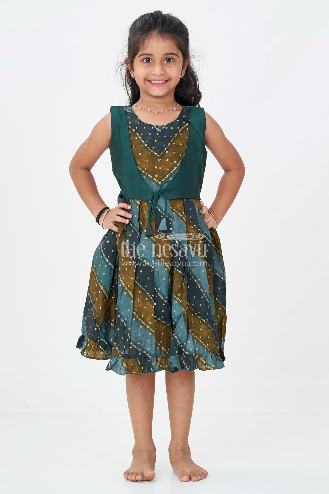 Girls Printed Viscose Frock in Deep Green with Mirror Print and Waist Tie for Aesthetic Long Frock Appeal