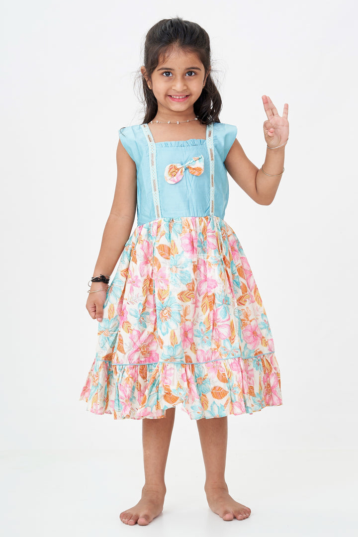 Girls Printed Chanderi Frock with Bow and Floral Print for Playful and Stylish Short Frock Design