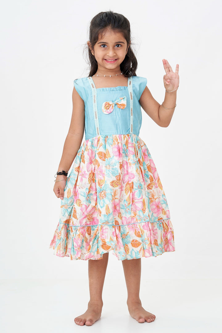 Girls Printed Chanderi Frock with Bow and Floral Print for Playful and Stylish Short Frock Design