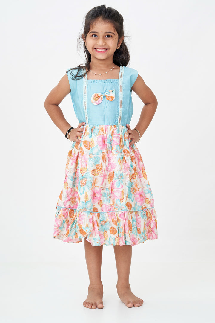 Girls Printed Chanderi Frock with Bow and Floral Print for Playful and Stylish Short Frock Design