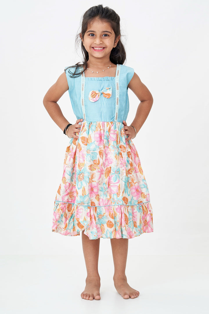 Girls Printed Chanderi Frock with Bow and Floral Print for Playful and Stylish Short Frock Design